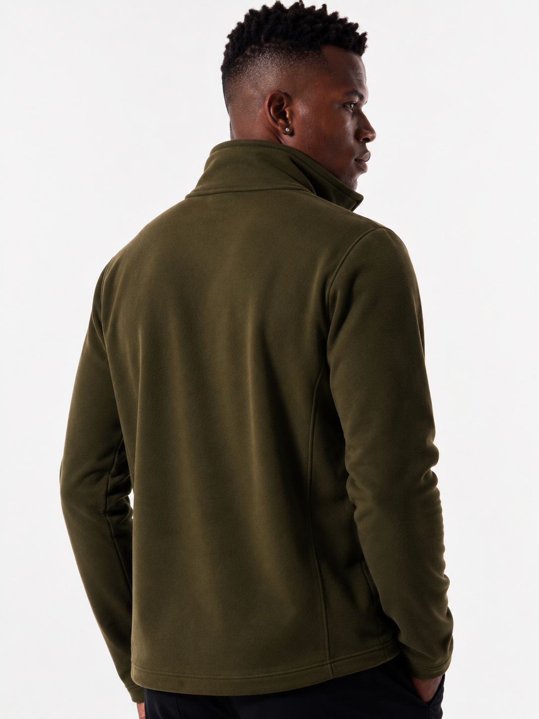 Full-length front view of men's olive green softshell jacket, highlighting weather-resistant outdoor wear.