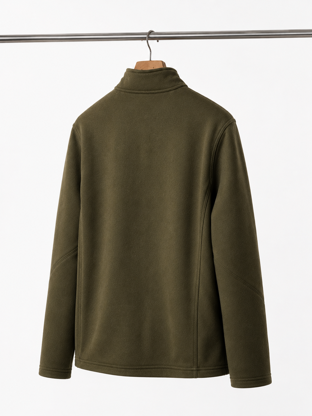 Side profile of men's olive green softshell jacket, highlighting weather-resistant outdoor wear.