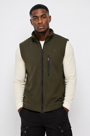 Front view of Macho Genie men's olive green softshell zip-up vest, highlighting weather-resistant outdoor wear.