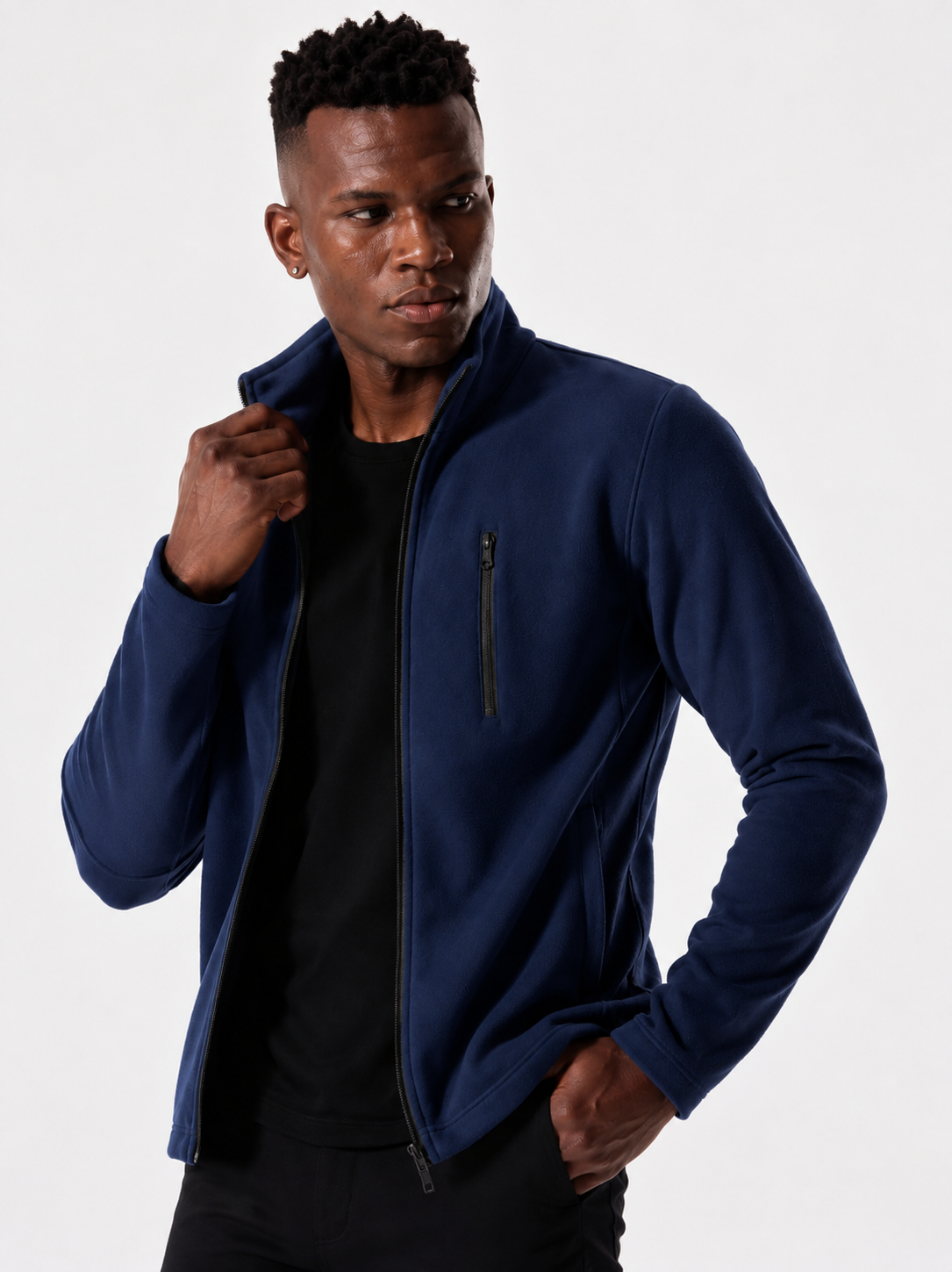 Lifestyle front view of Macho Genie men's royal blue softshell jacket, highlighting weather-resistant layering built to last.