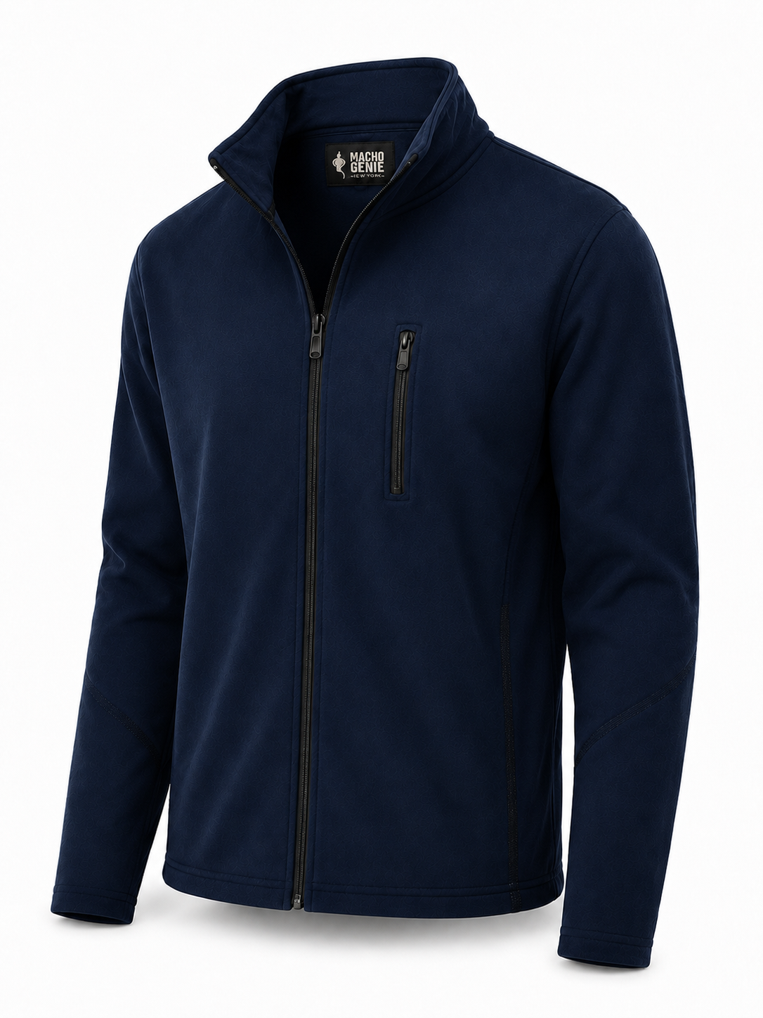 Side profile of men's royal blue softshell jacket, highlighting weather-resistant layering built to last.