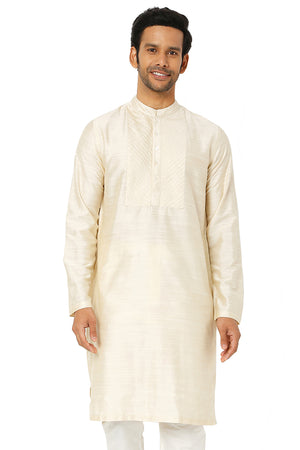 Men's Pearl Beige Kurta Tunic with Embroidered Placket and Yoke Festive | Main View