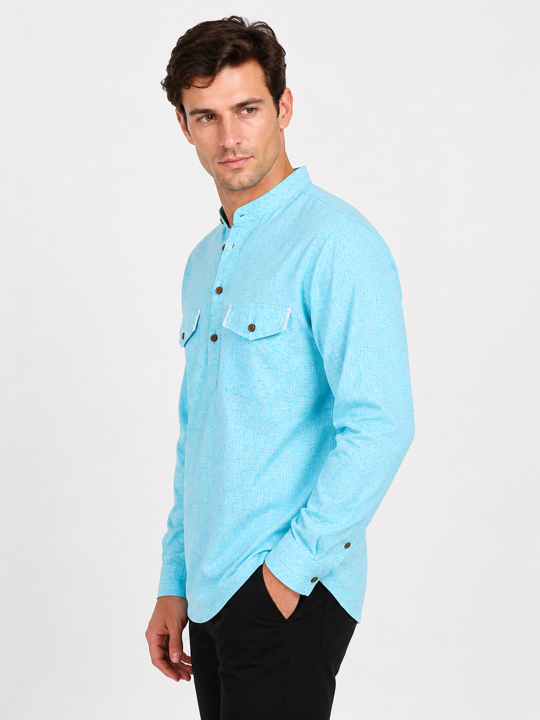 Back view of In-Sattva men's aqua blue double-breasted hip-length kurta tunic