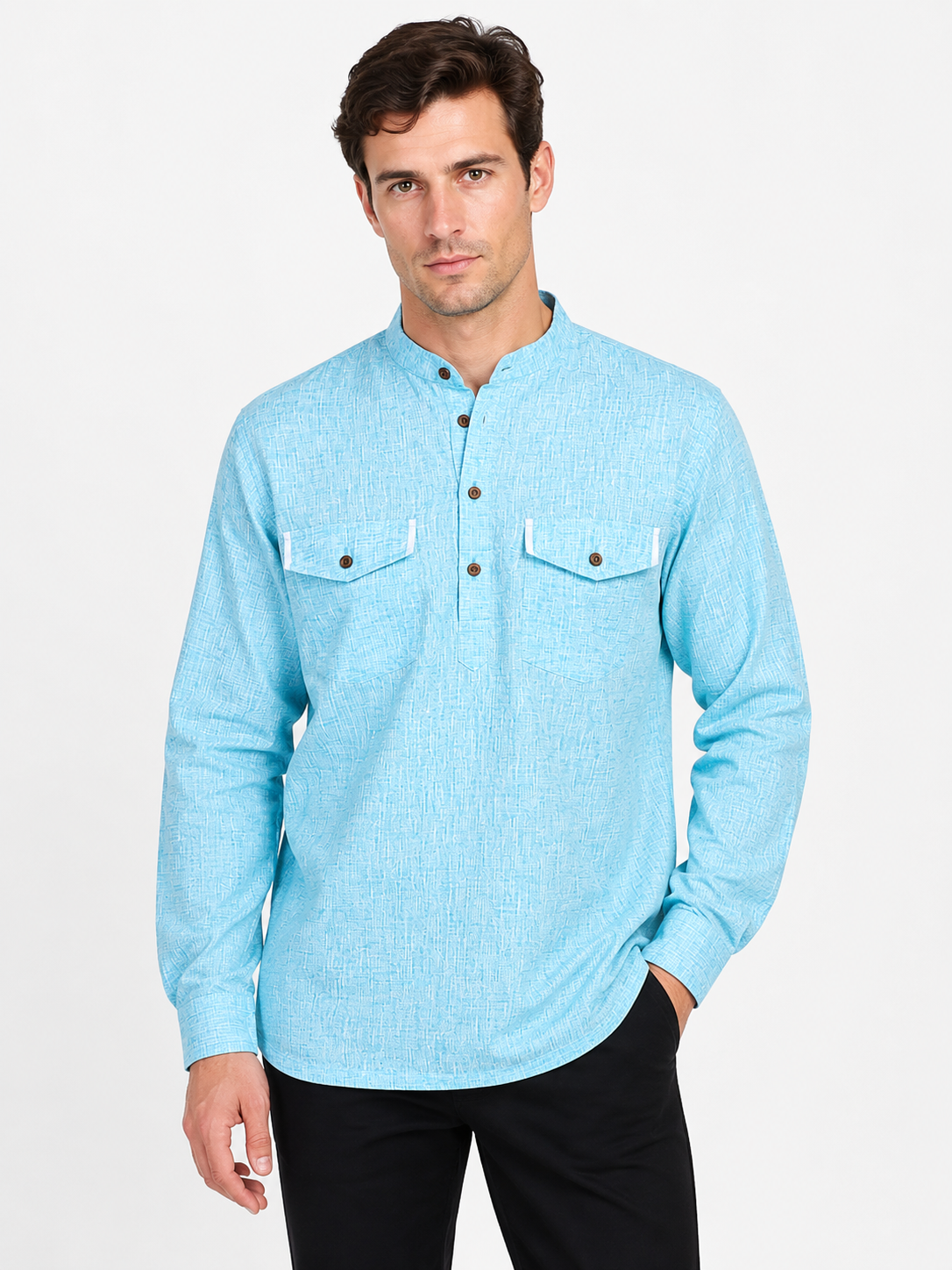 Front view of In-Sattva men's aqua blue double-breasted hip-length kurta tunic