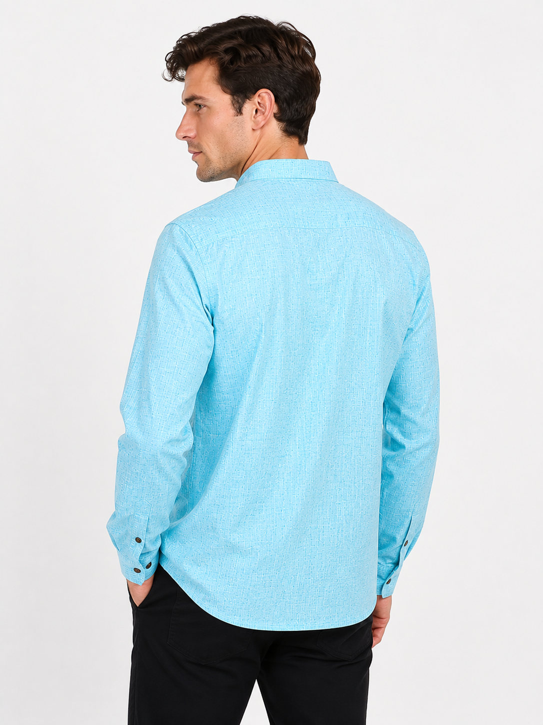 Side view of In-Sattva men's aqua blue double-breasted hip-length kurta tunic