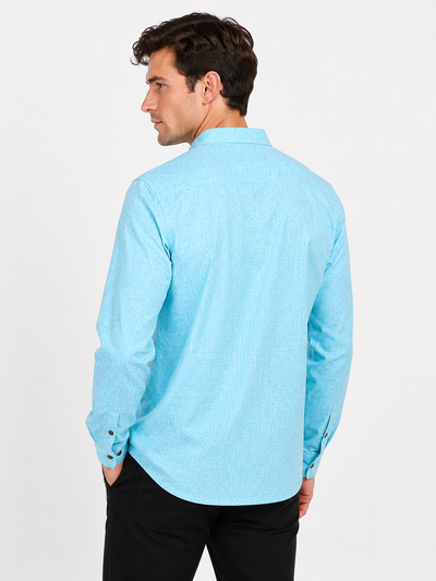 Side view of In-Sattva men's aqua blue double-breasted hip-length kurta tunic