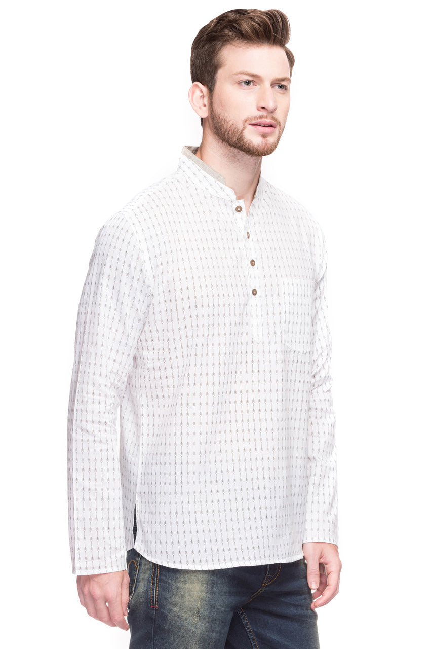 Alternate side view of Shatranj men's white arrow-print cotton hip-length kurta tunic