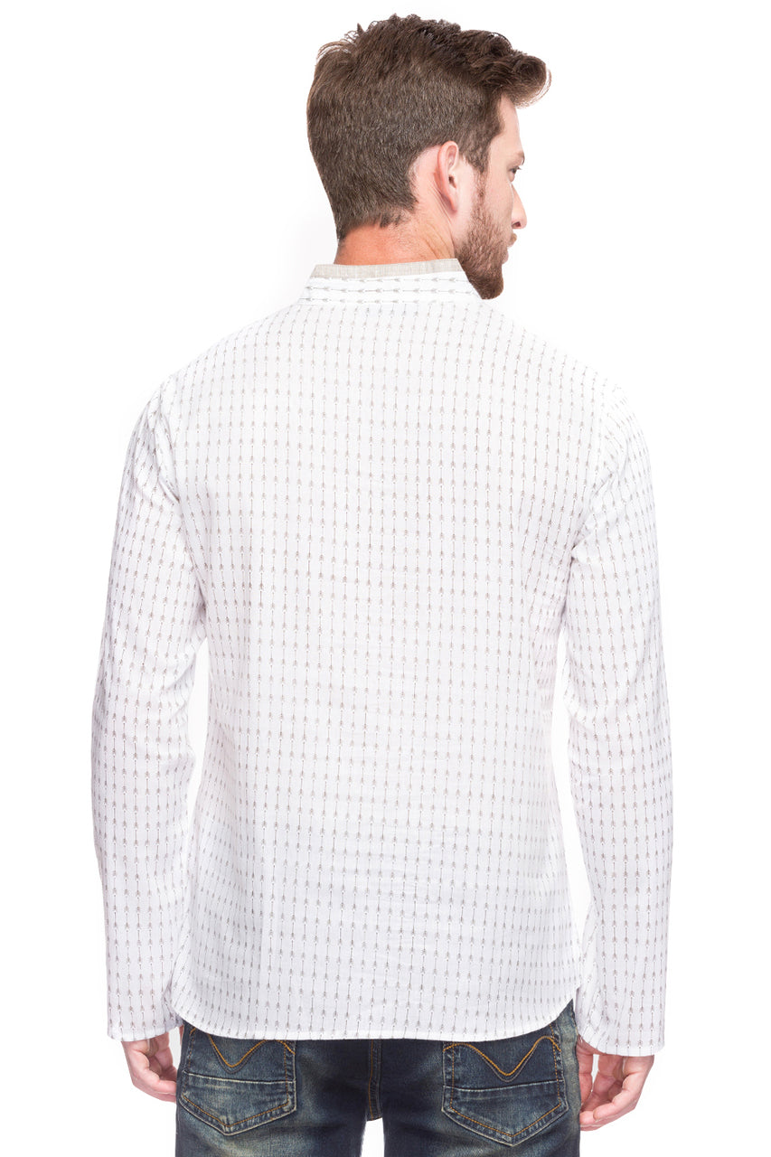 Back view of Shatranj men's white arrow-print cotton hip-length kurta tunic