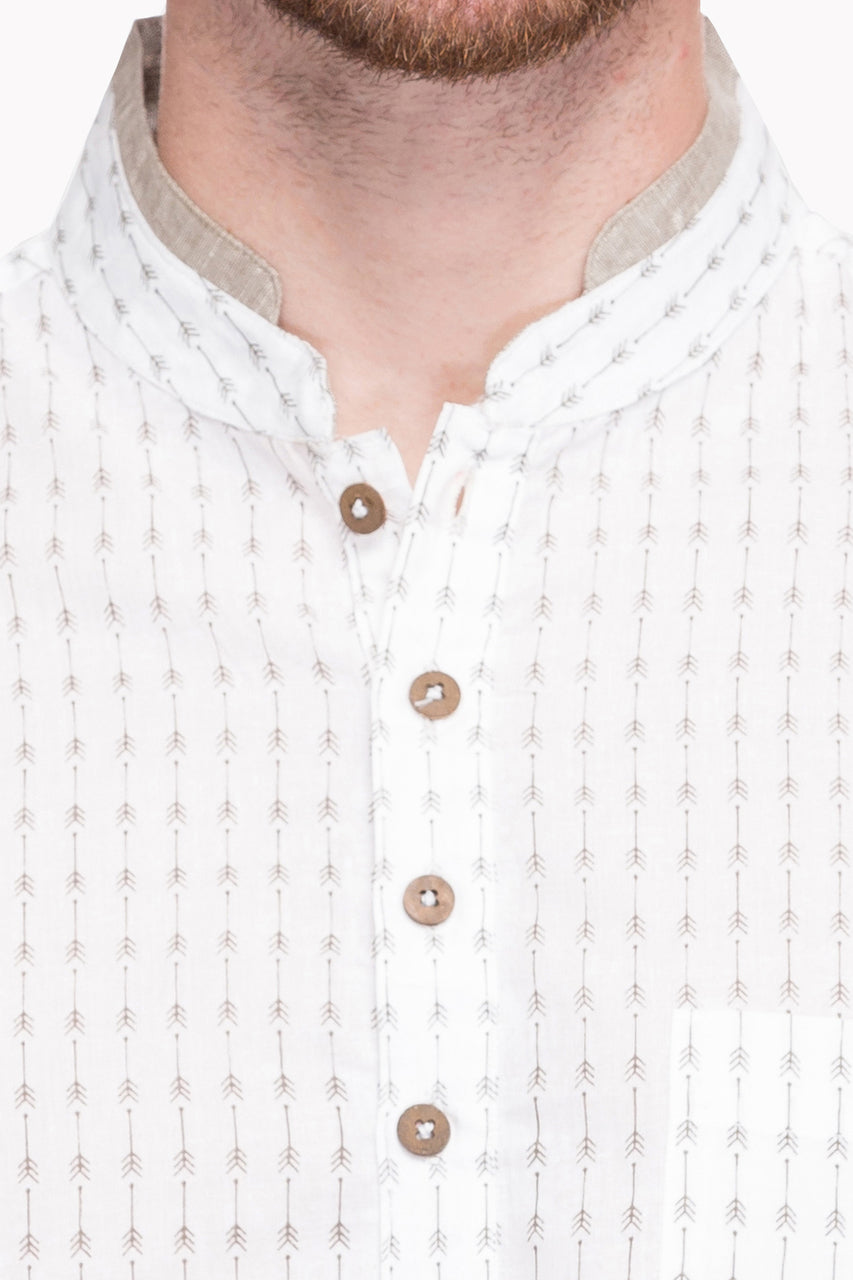 Close-up detail of Shatranj men's white arrow-print cotton hip-length kurta tunic