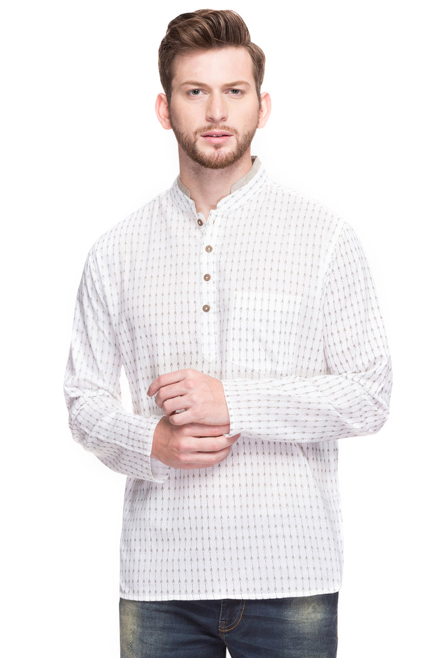 Front view of Shatranj men's white arrow-print cotton hip-length kurta tunic