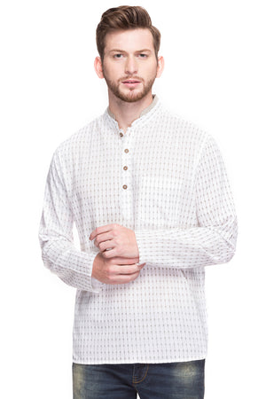 Front view of Shatranj men's white arrow-print cotton hip-length kurta tunic