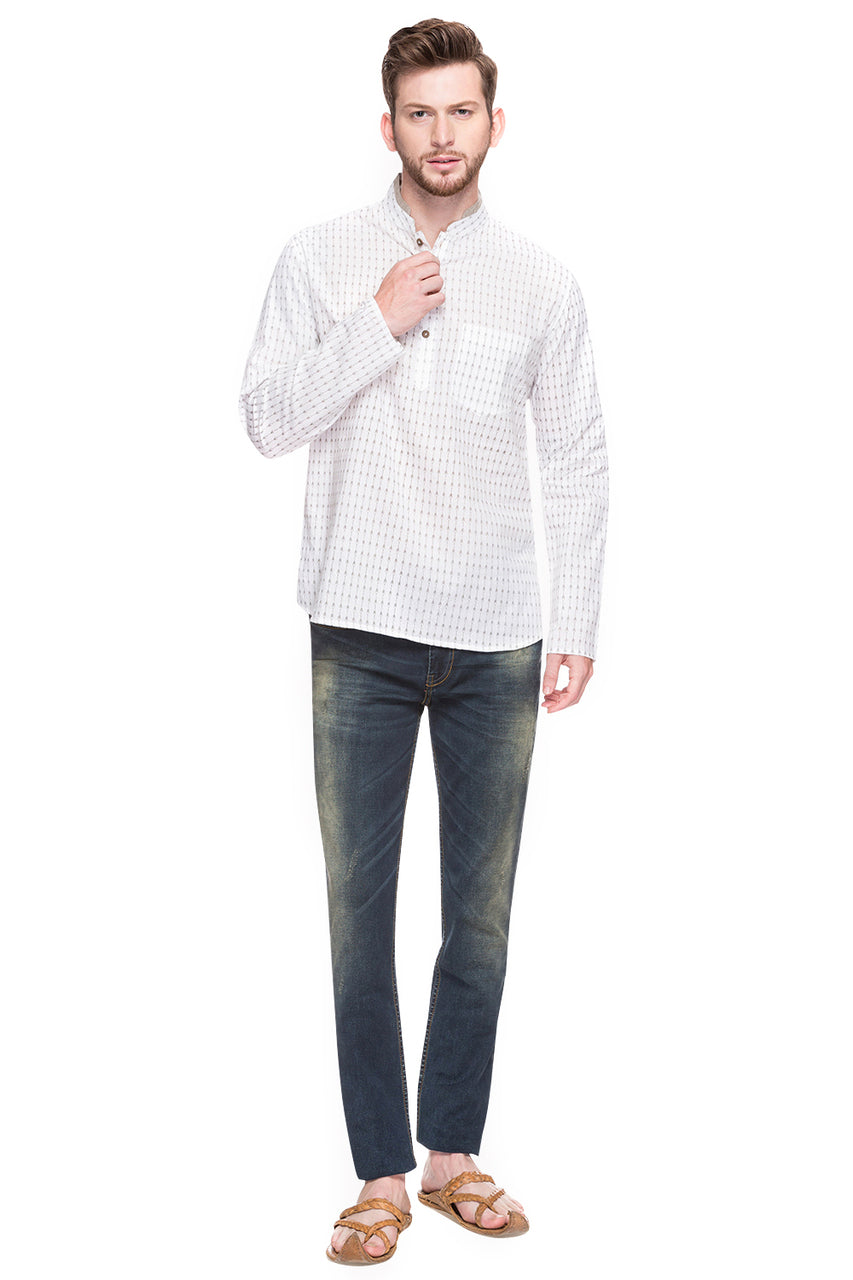 Full front view of Shatranj men's white arrow-print cotton hip-length kurta tunic
