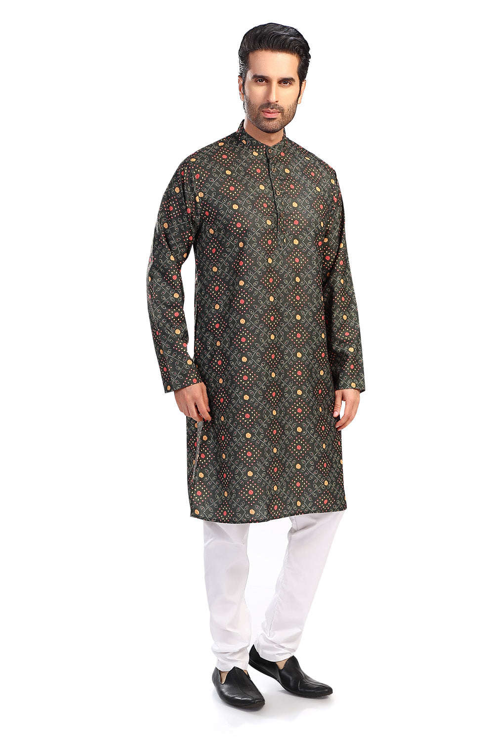 Men's artisan green folk-print cotton knee-length kurta, alternate front view.