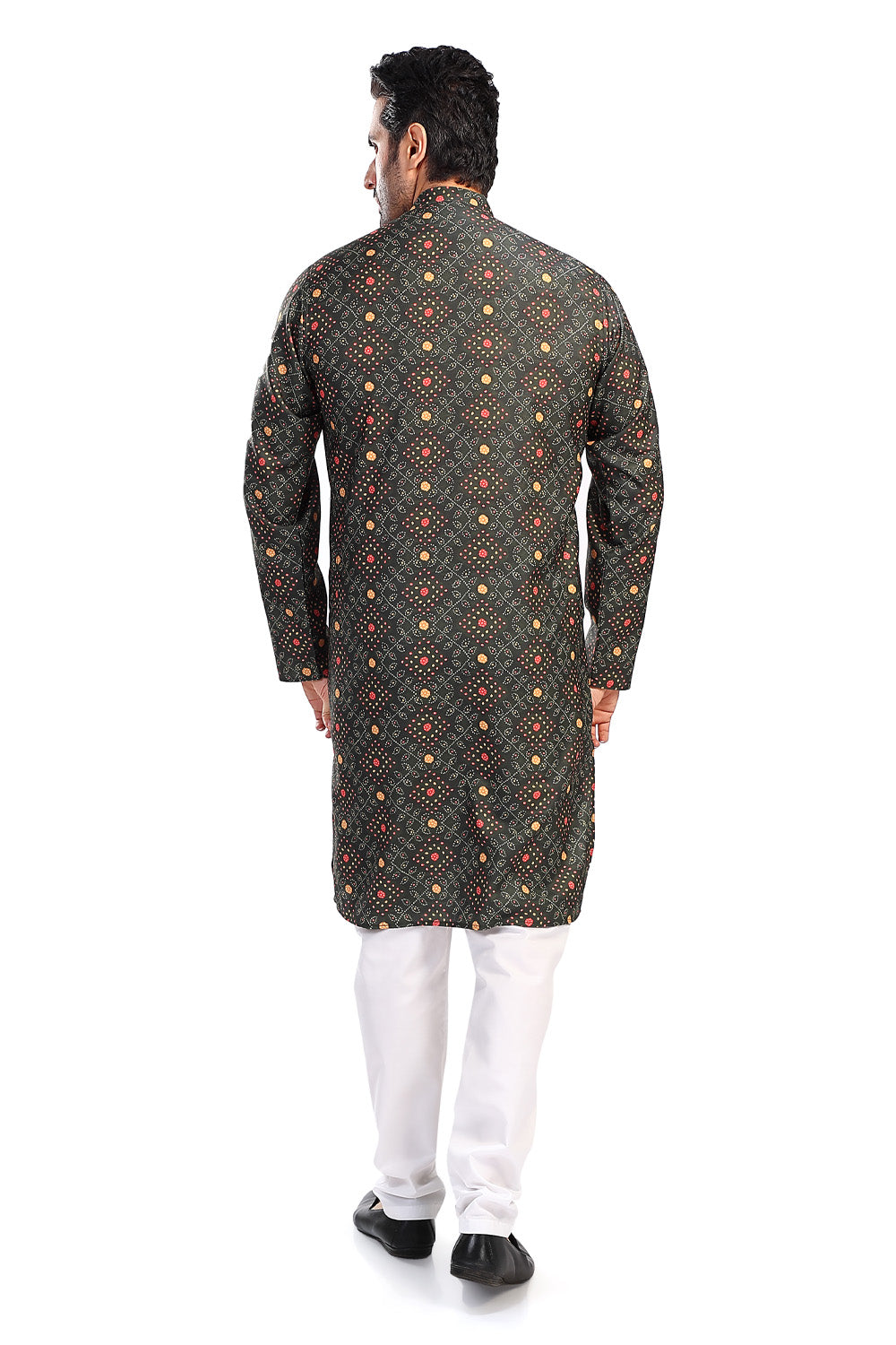 Men's artisan green folk-print cotton knee-length kurta, alternate side view.