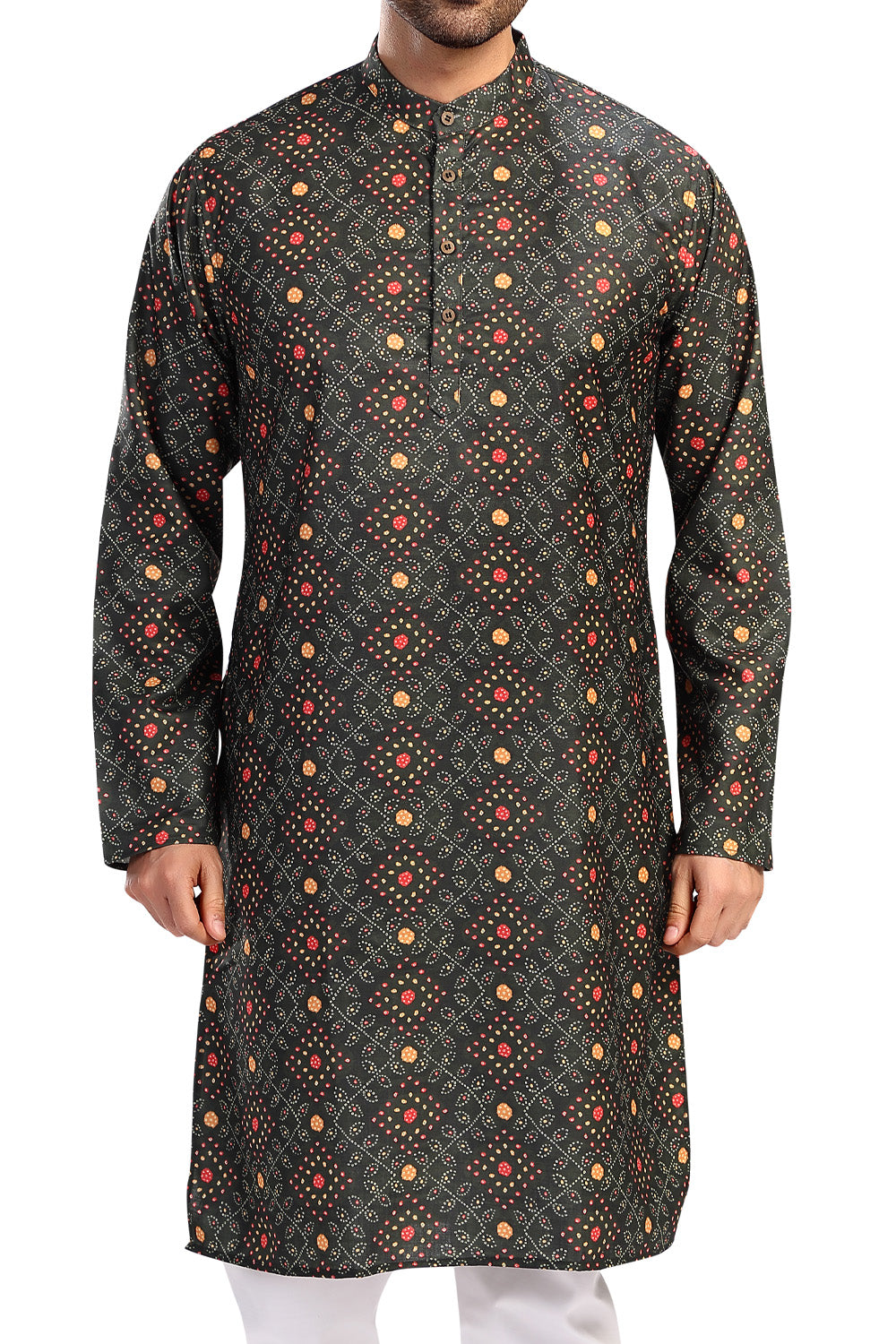 Men's artisan green folk-print cotton knee-length kurta, back view.