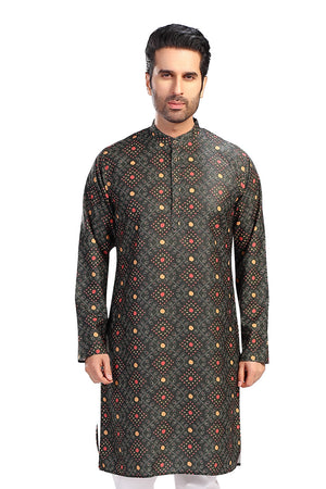 Men's artisan green folk-print cotton knee-length kurta, front view.