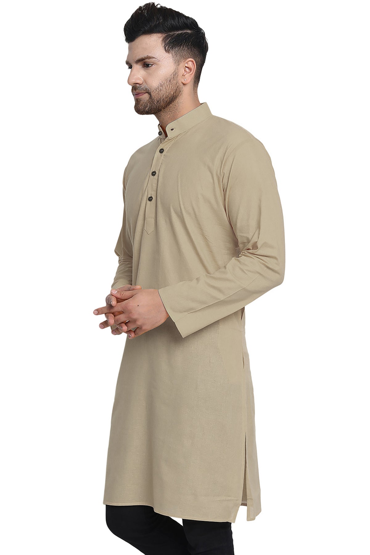 Men's beige cotton band collar knee-length kurta, alternate front view.