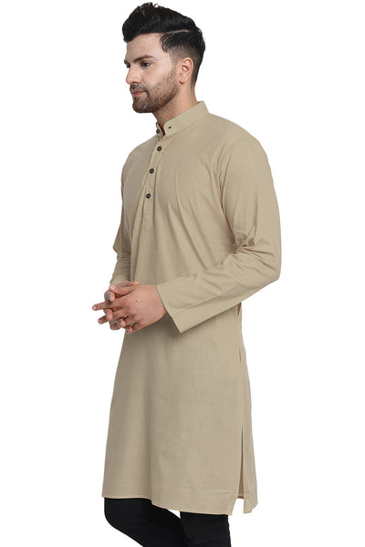 Men's beige cotton band collar knee-length kurta, alternate front view.