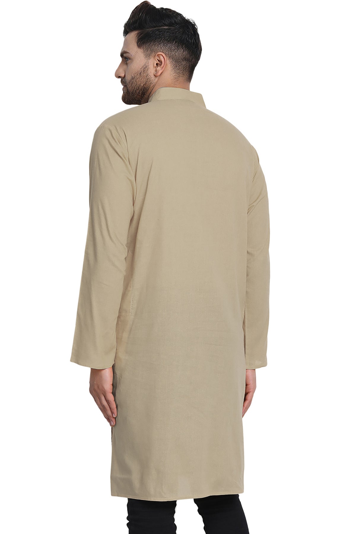Men's beige cotton band collar knee-length kurta, alternate side view.