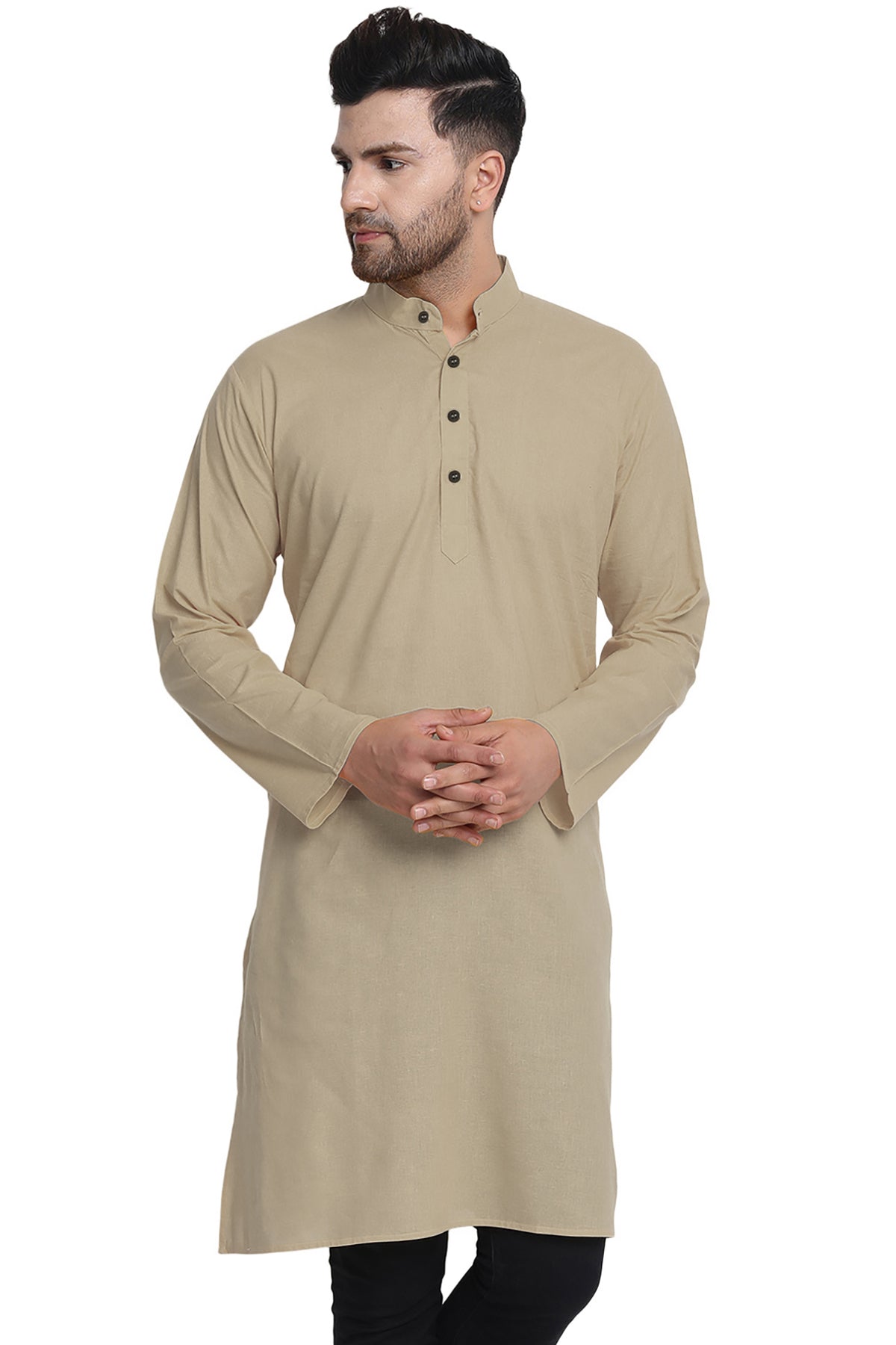 Men's beige cotton band collar knee-length kurta, front view.