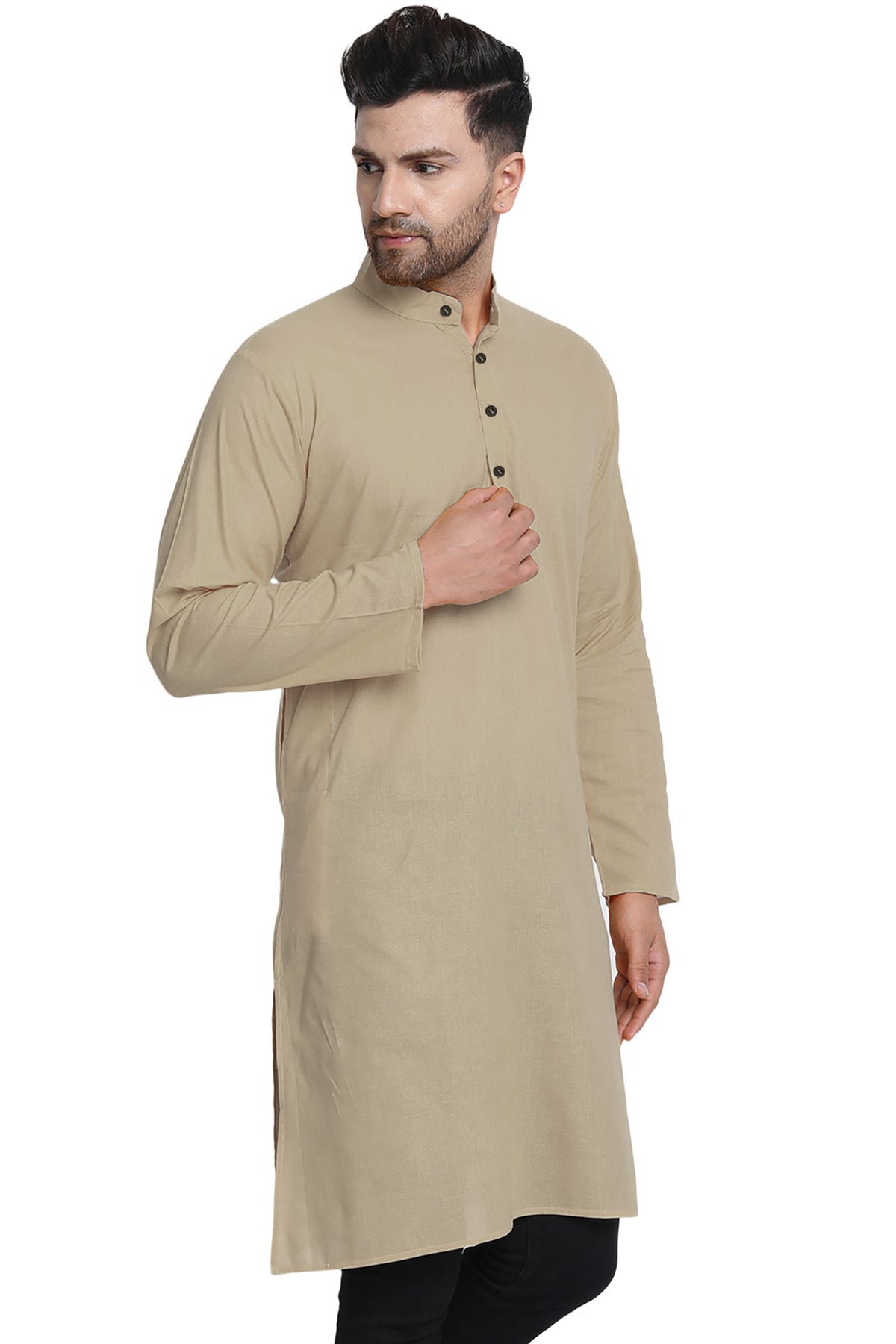 Men's beige cotton band collar knee-length kurta, side view.