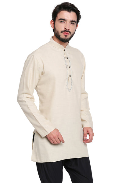 Men's beige embroidered cotton blend knee-length kurta, alternate front view.
