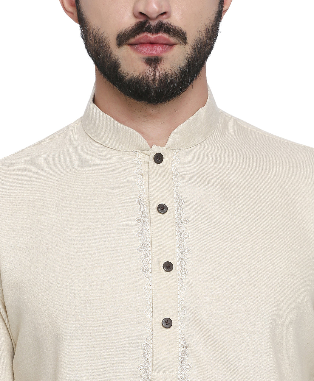 Men's beige embroidered cotton blend knee-length kurta, alternate side view.