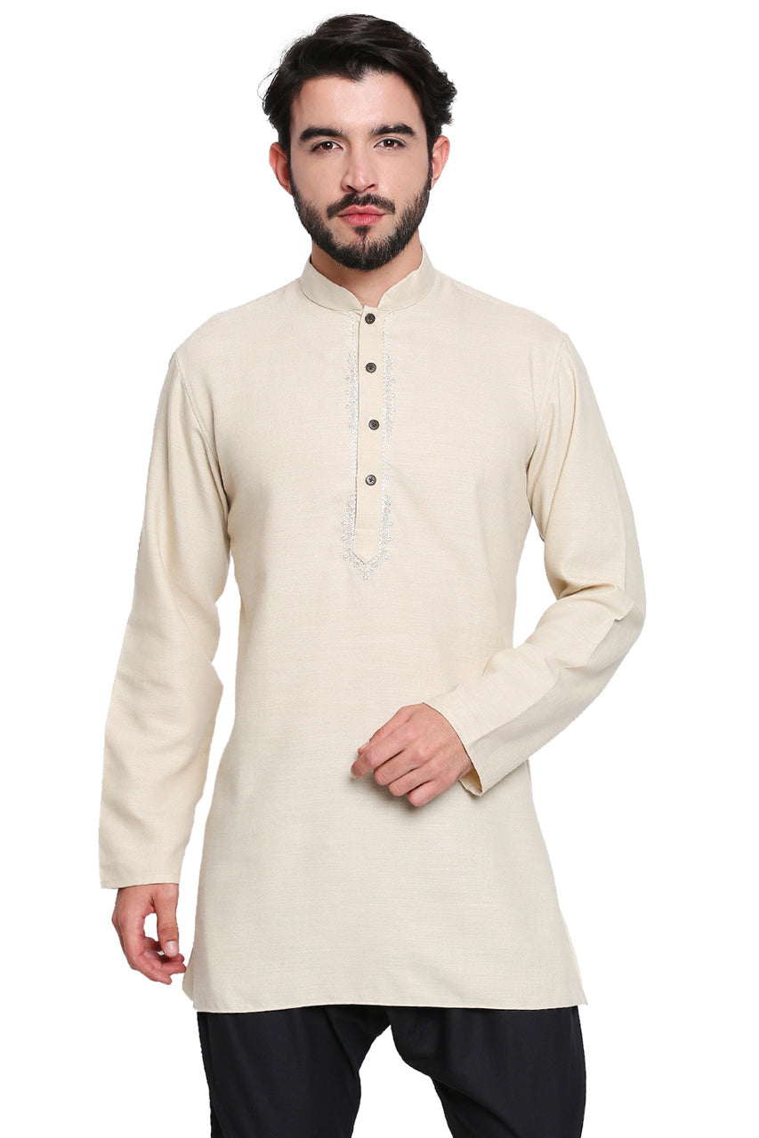 Men's beige embroidered cotton blend knee-length kurta, back view.