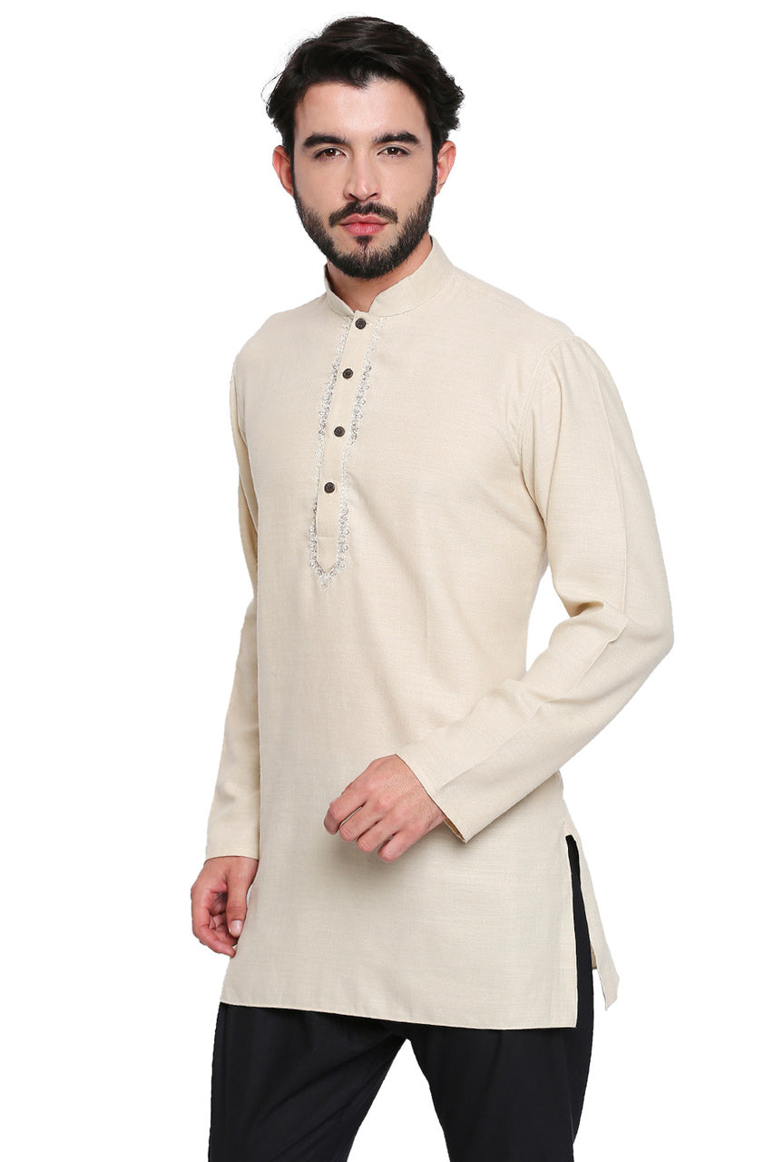 Men's beige embroidered cotton blend knee-length kurta, front view.
