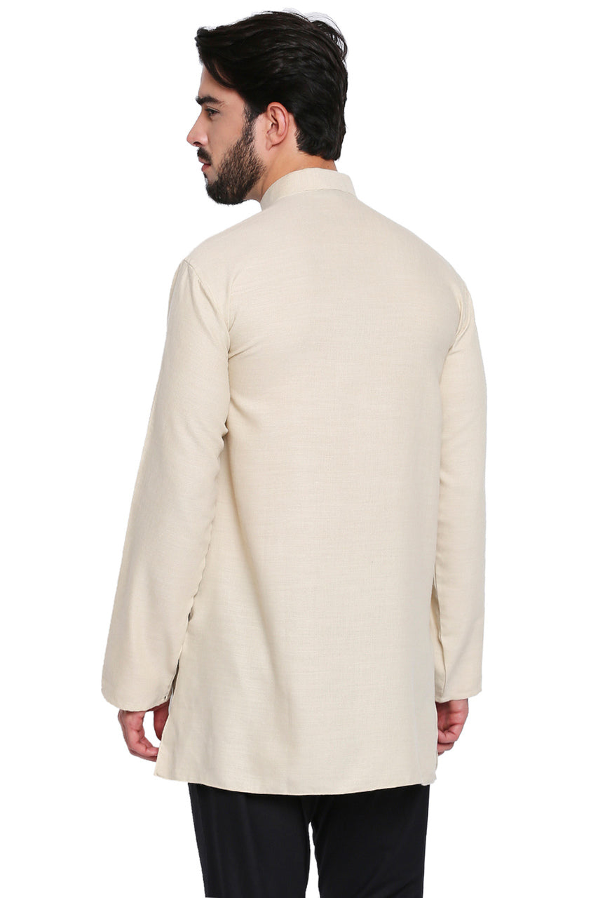 Men's beige embroidered cotton blend knee-length kurta, side view.