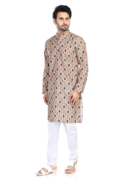 Men's beige folk-print cotton knee-length kurta, alternate front view.