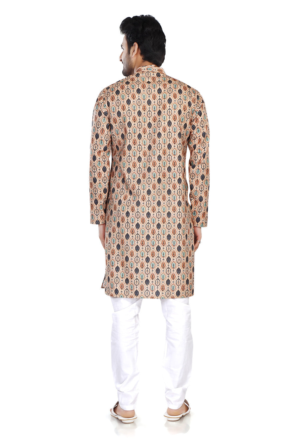 Men's beige folk-print cotton knee-length kurta, alternate side view.