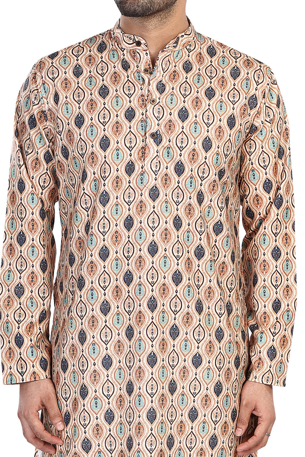 Men's beige folk-print cotton knee-length kurta, back view.
