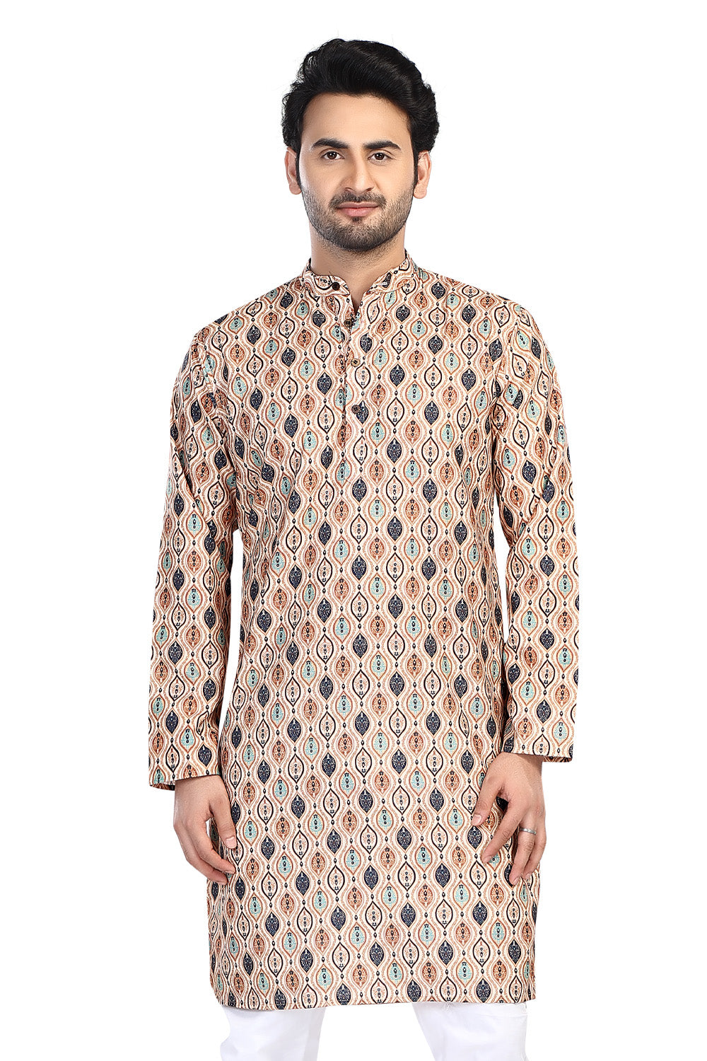 Men's beige folk-print cotton knee-length kurta, front view.