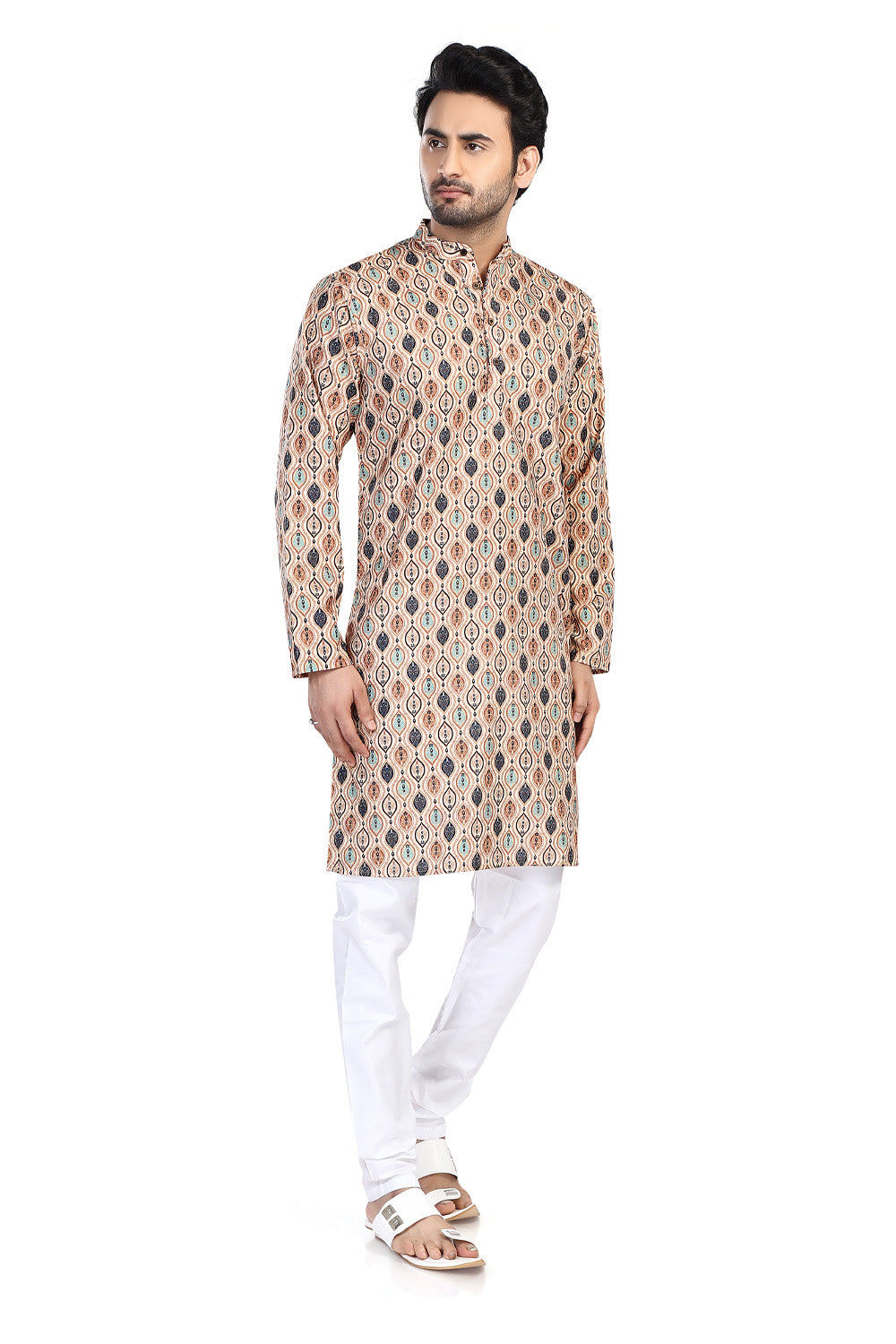 Men's beige folk-print cotton knee-length kurta, side view.