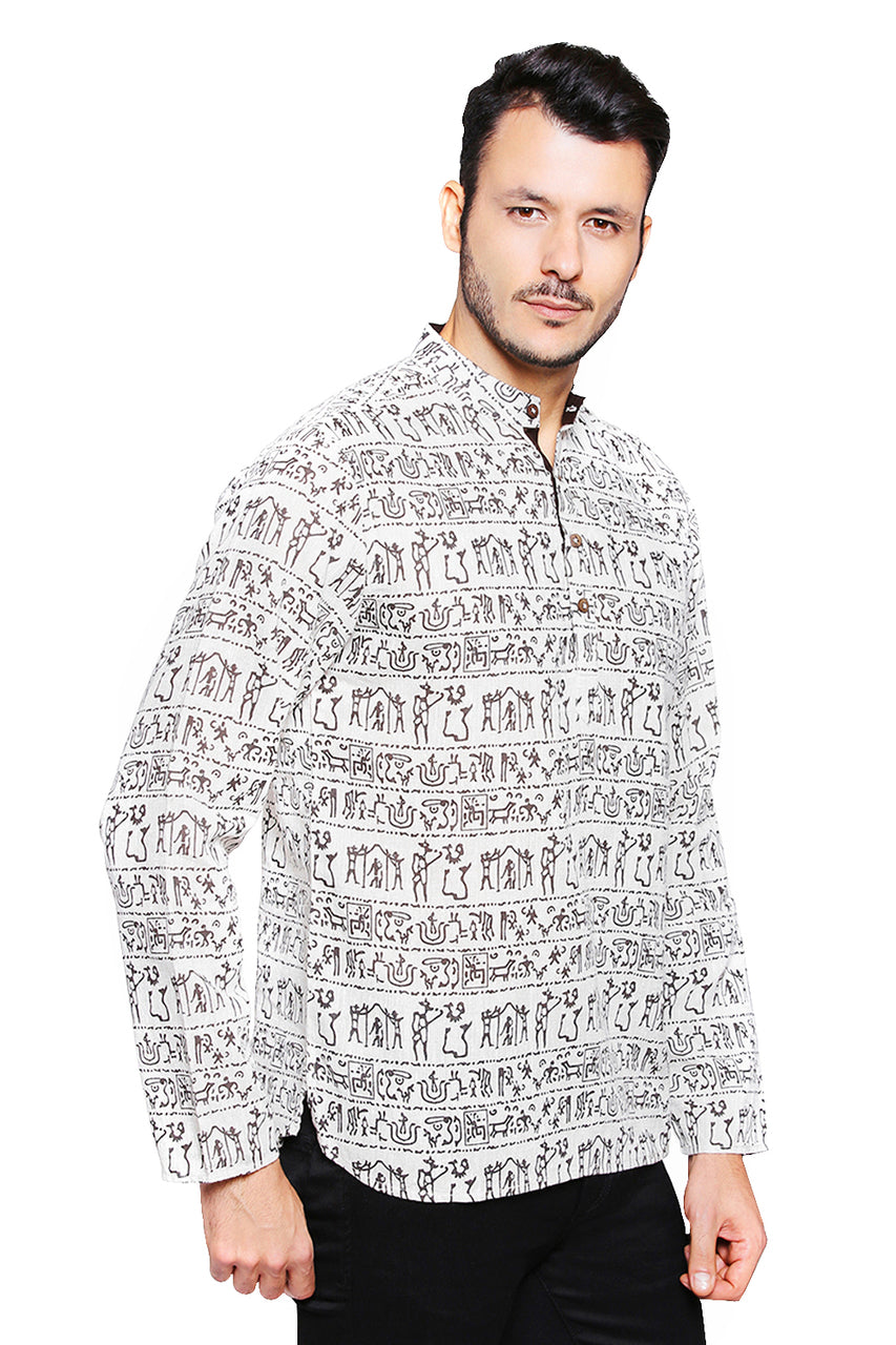 Alternate side view of Shatranj men's beige Warli-print cotton hip-length kurta tunic