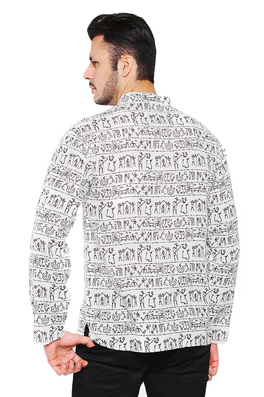 Back view of Shatranj men's beige Warli-print cotton hip-length kurta tunic