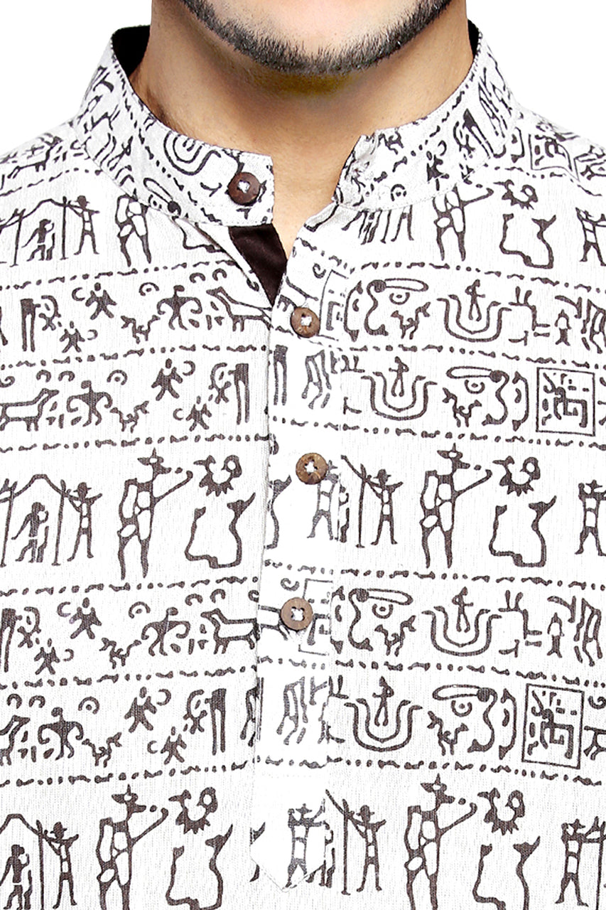 Close-up detail of Shatranj men's beige Warli-print cotton hip-length kurta tunic