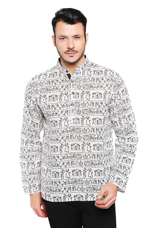 Front view of Shatranj men's beige Warli-print cotton hip-length kurta tunic