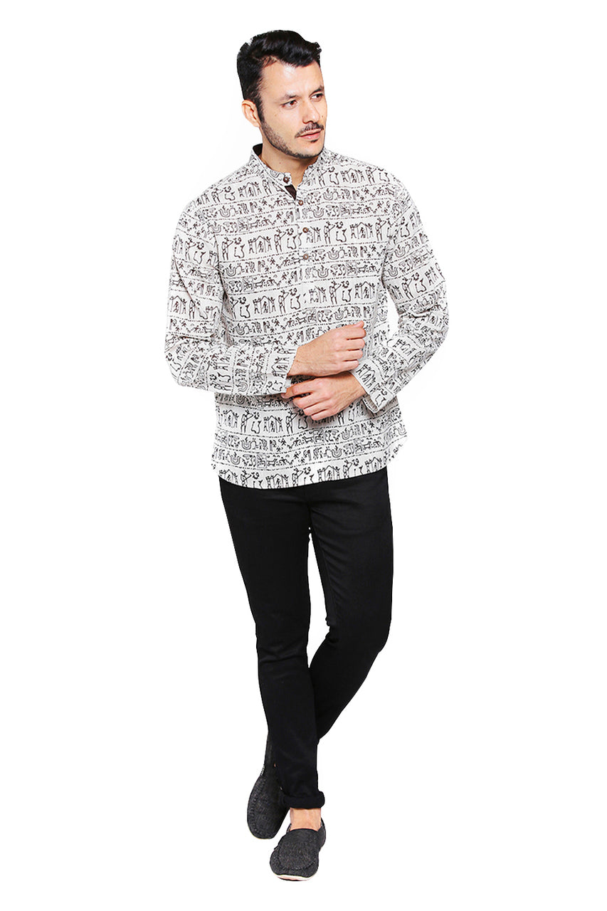Full front view of Shatranj men's beige Warli-print cotton hip-length kurta tunic