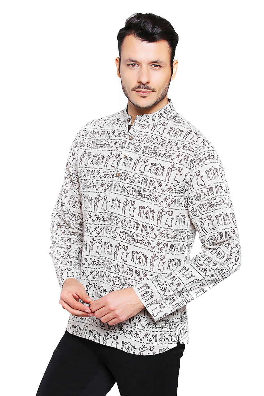 Side view of Shatranj men's beige Warli-print cotton hip-length kurta tunic