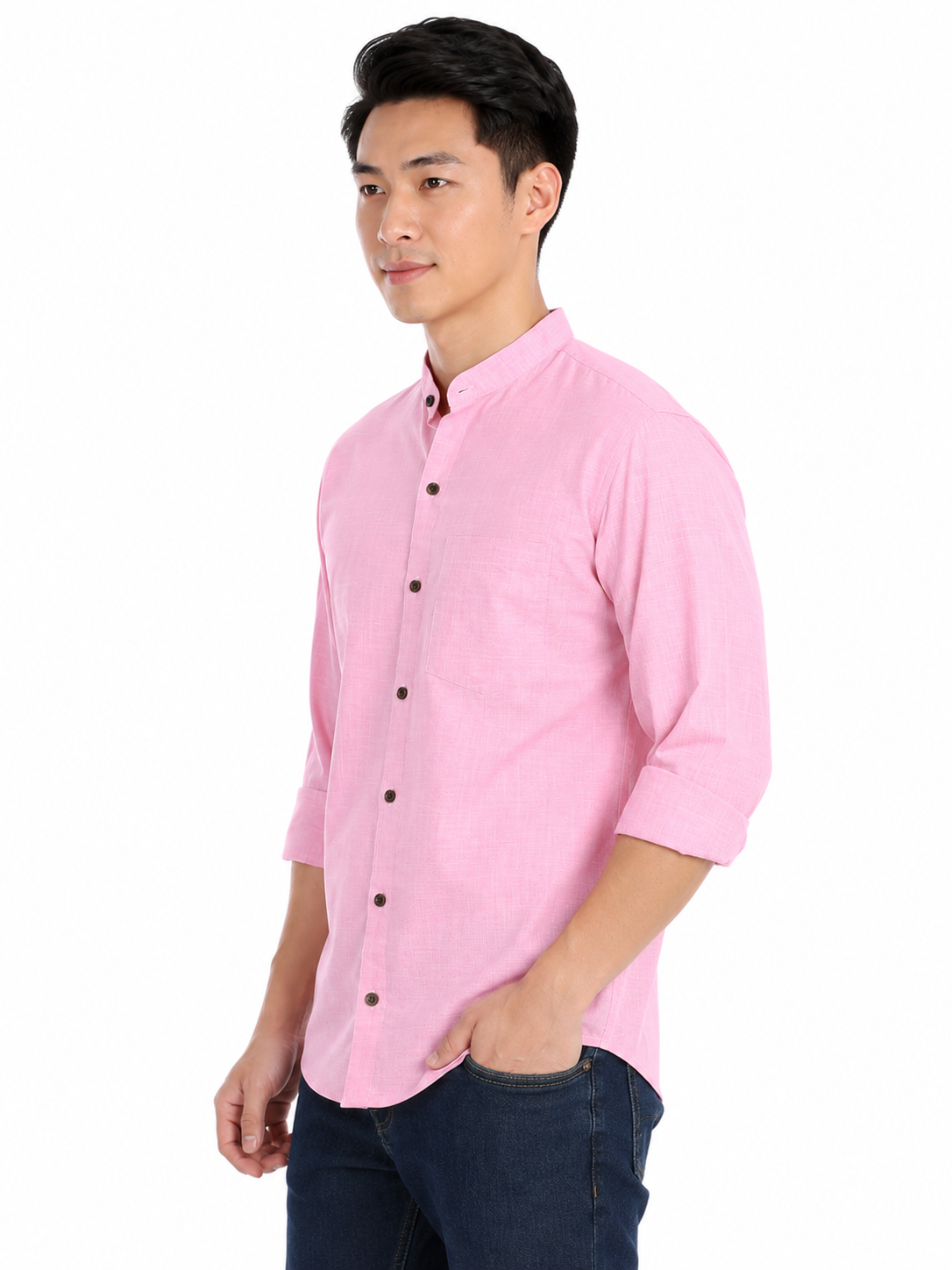 Back view of In-Sattva men's berry blush cotton hip-length button-down shirt