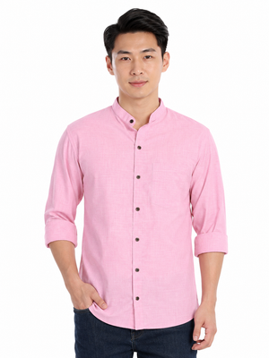 Front view of In-Sattva men's berry blush cotton hip-length button-down shirt