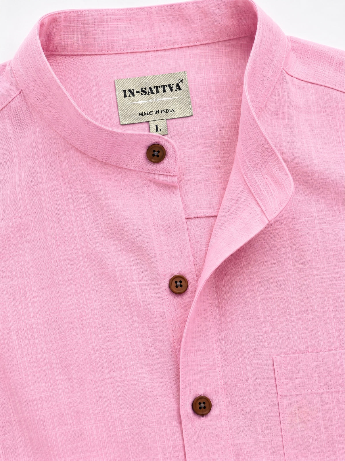 Lifestyle view of In-Sattva men's berry blush cotton hip-length button-down shirt