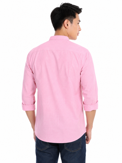 Side view of In-Sattva men's berry blush cotton hip-length button-down shirt