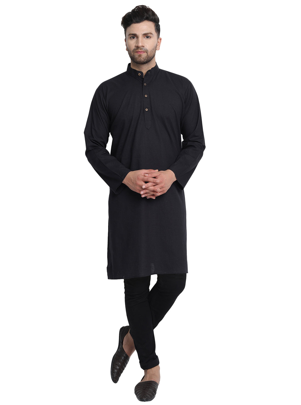 Men's black cotton band collar knee-length kurta, alternate front view.
