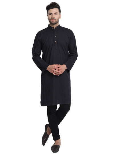 Men's black cotton band collar knee-length kurta, alternate front view.