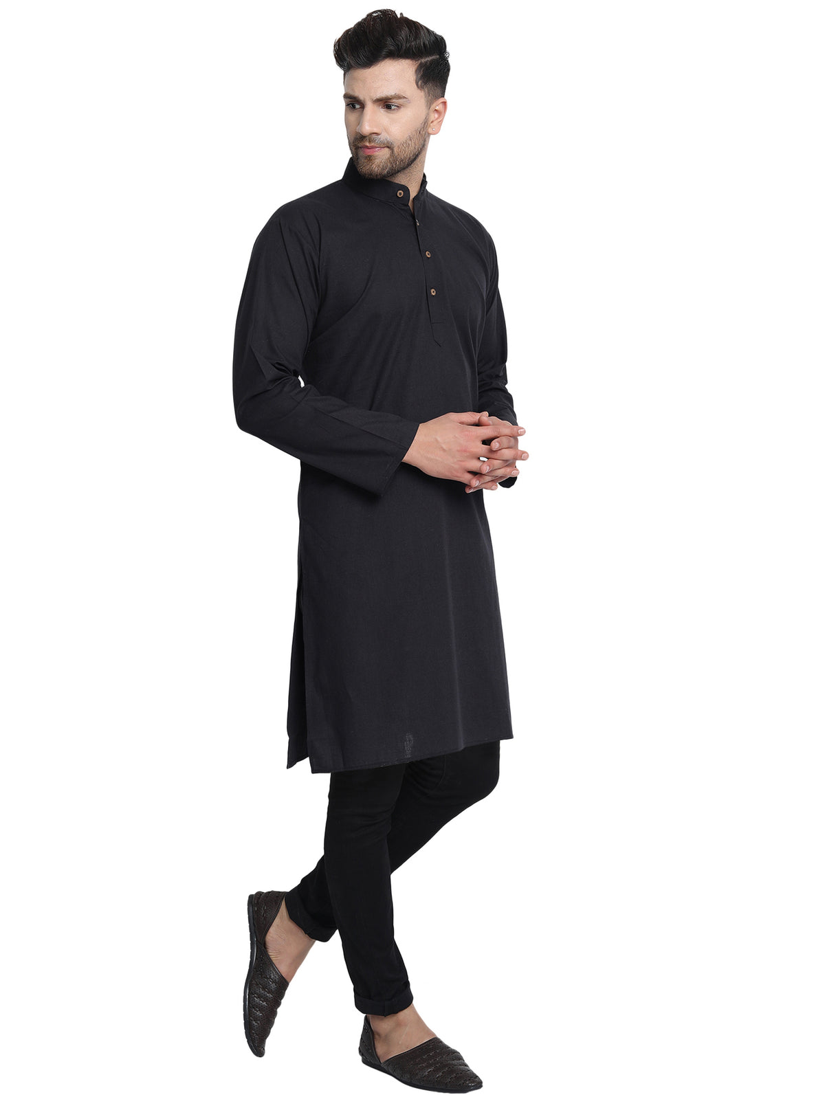 Men's black cotton band collar knee-length kurta, alternate side view.