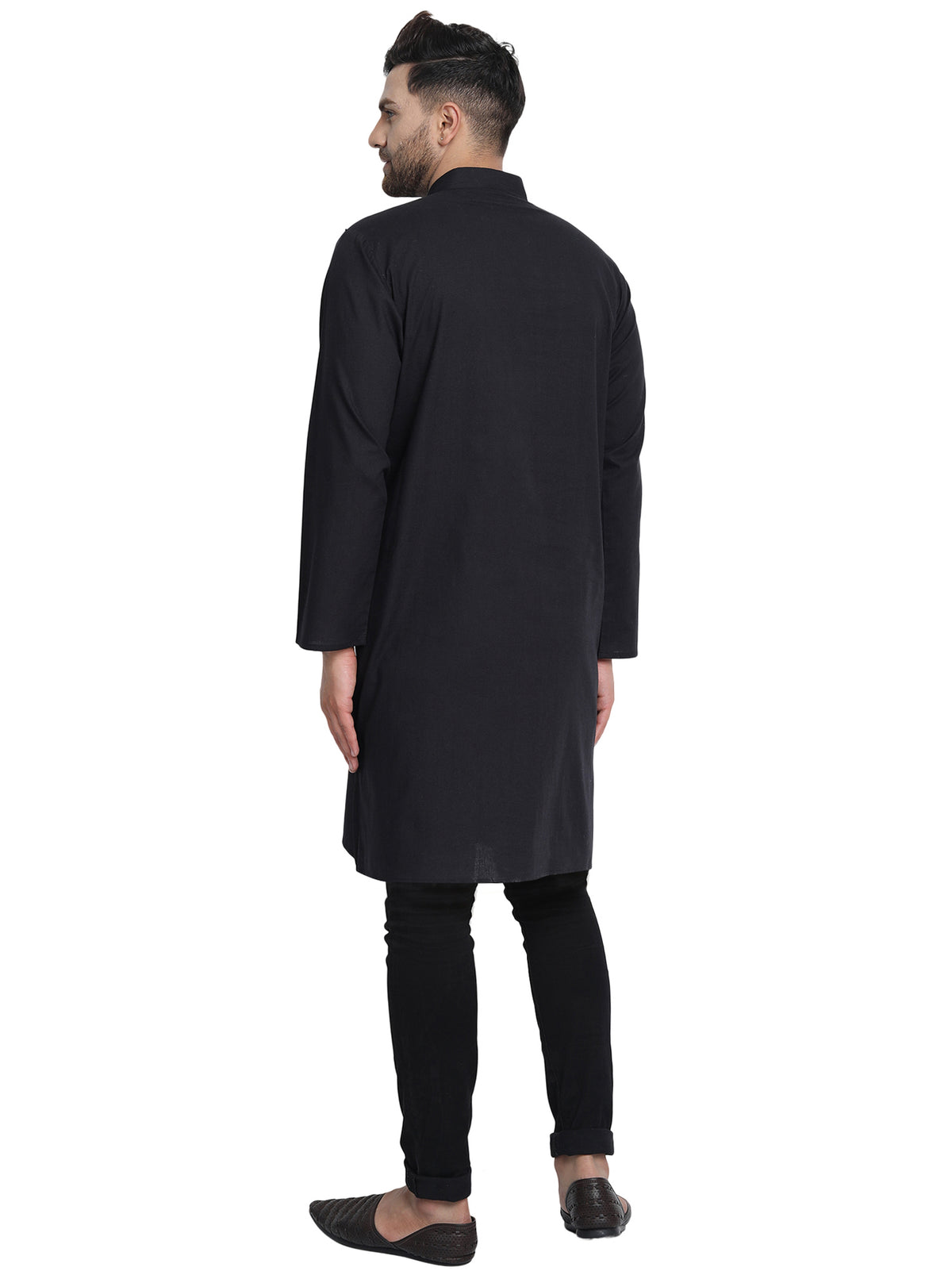 Men's black cotton band collar knee-length kurta, back view.