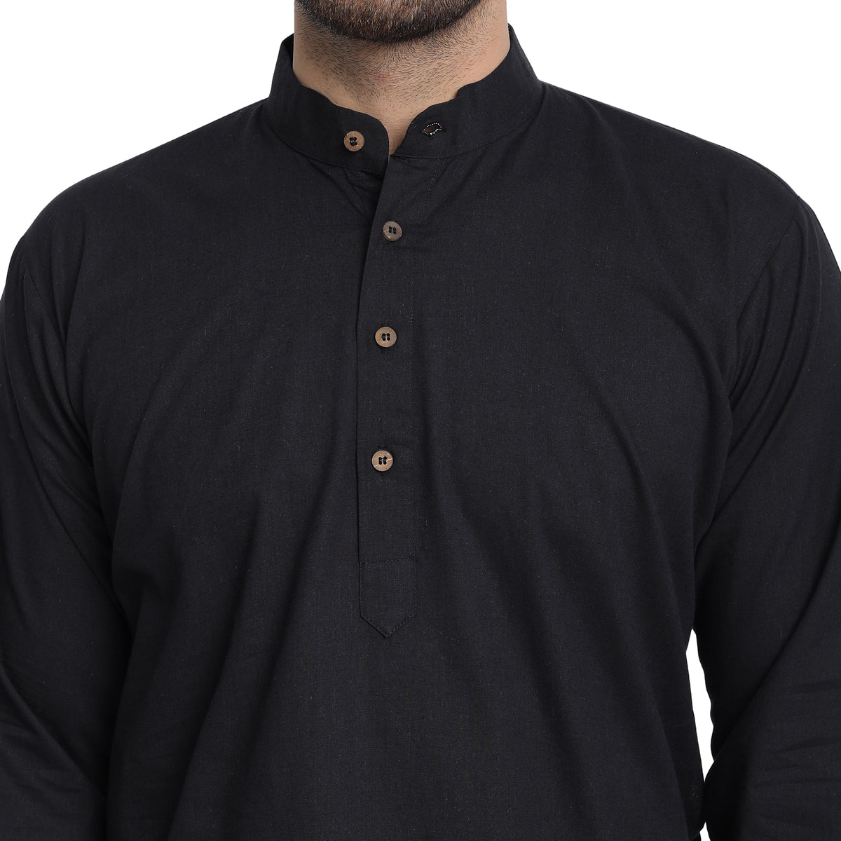 Men's black cotton band collar knee-length kurta, close-up detail.
